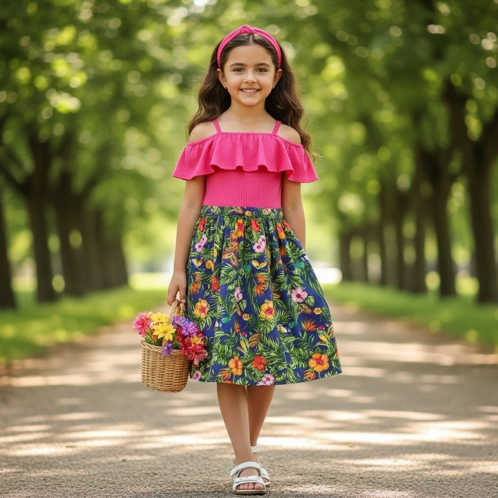 Nautica Tropical Print Cold Shoulder Ruffle Dress